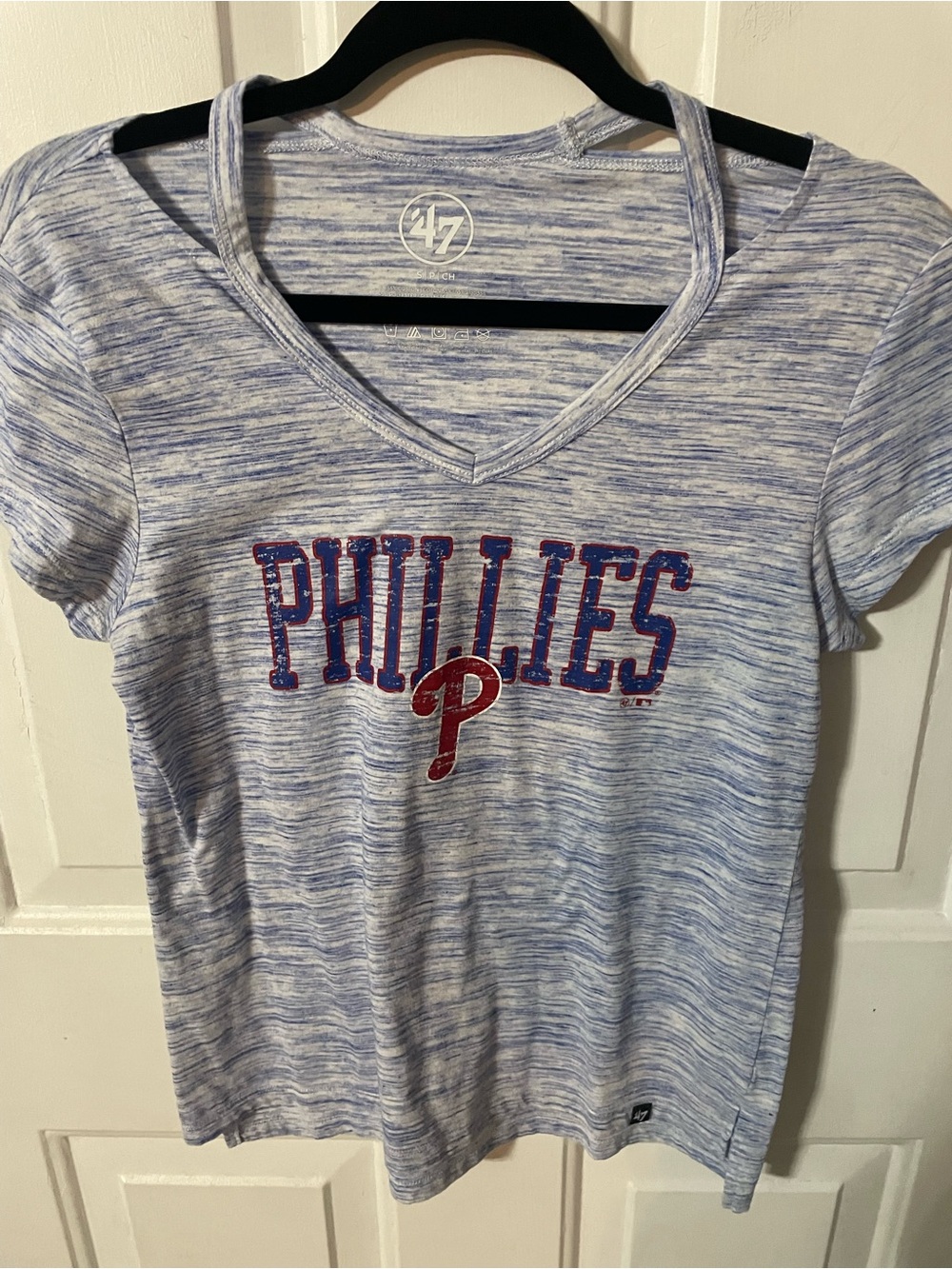 47 Women's Phillies Heathered Light Blue V-Neck Tee with Red Logo